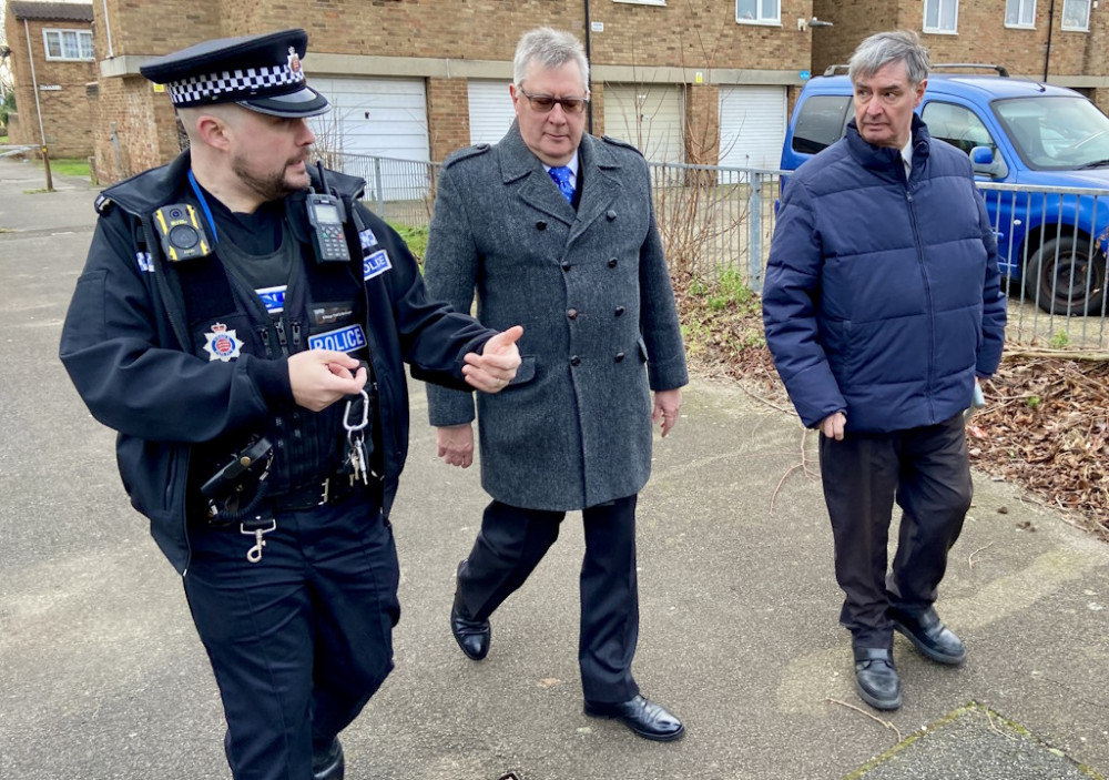 Ch Insp Dan McHugh with Police Commissioner Roger Hirst and Basildon Council leader Cllr Andrew Baggott.