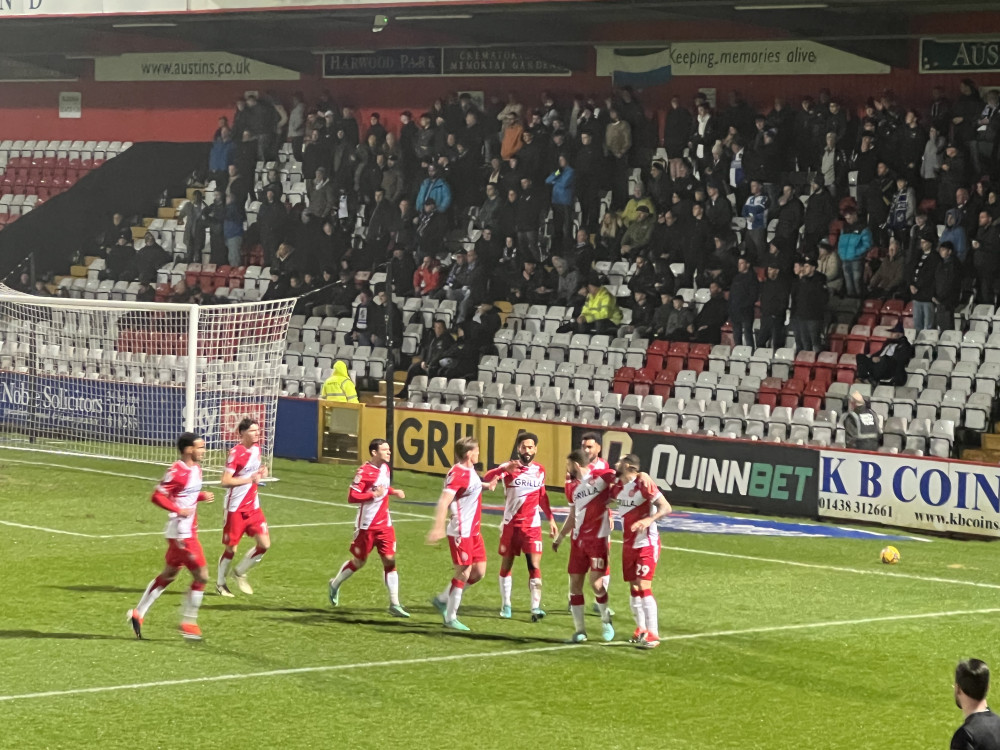 Stevenage celebrate Kane Hemmings early opener for Boro prior to visitors Bristol Rovers staging an incredible comeback. CREDIT: @laythy29