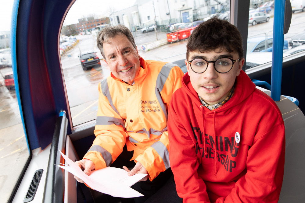 Jacob and the WECA Mayor on the bus, image WECA Jacob and the WECA Mayor on the bus, image WECA