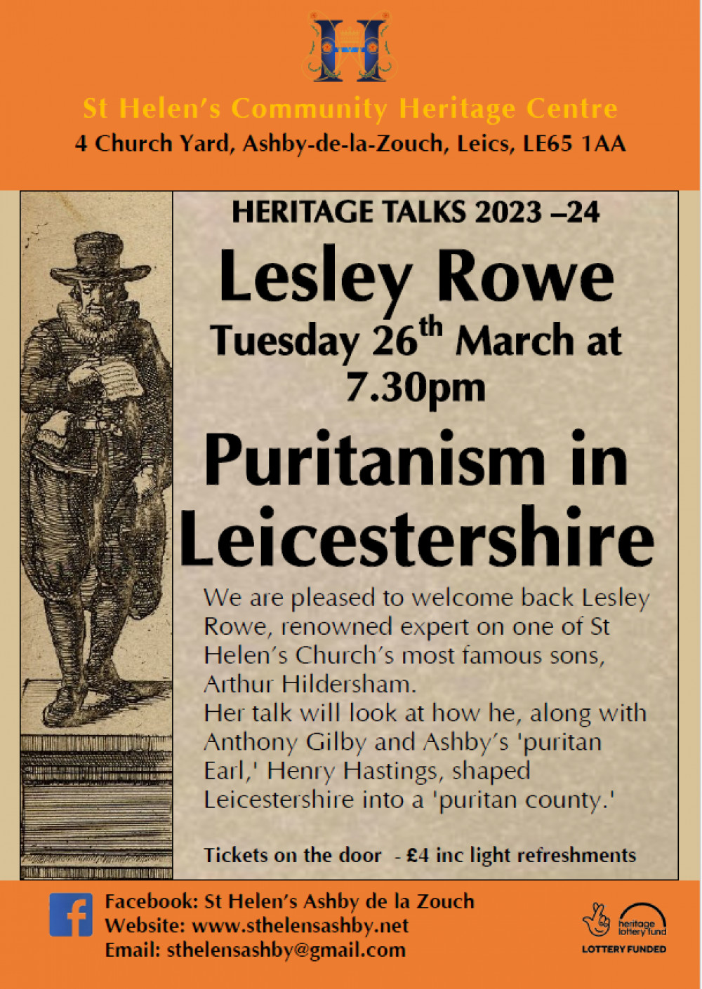 Heritage Talk - Puritanism in Leicestershire at St Helen's Community Heritage Centre, Ashby de la Zouch Heritage Talk - Puritanism in Leicestershire at St Helen's Community Heritage Centre, Ashby de la Zouch