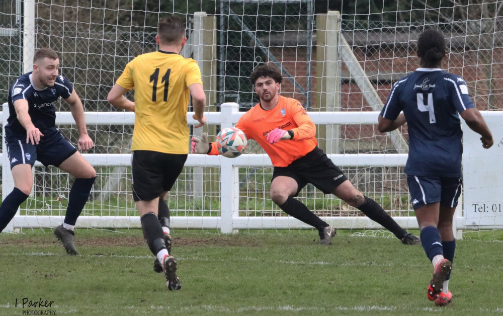 Brantham keeper Finn Shorten helped keep Mildenhall at bay (Picture: Ian Parker) 