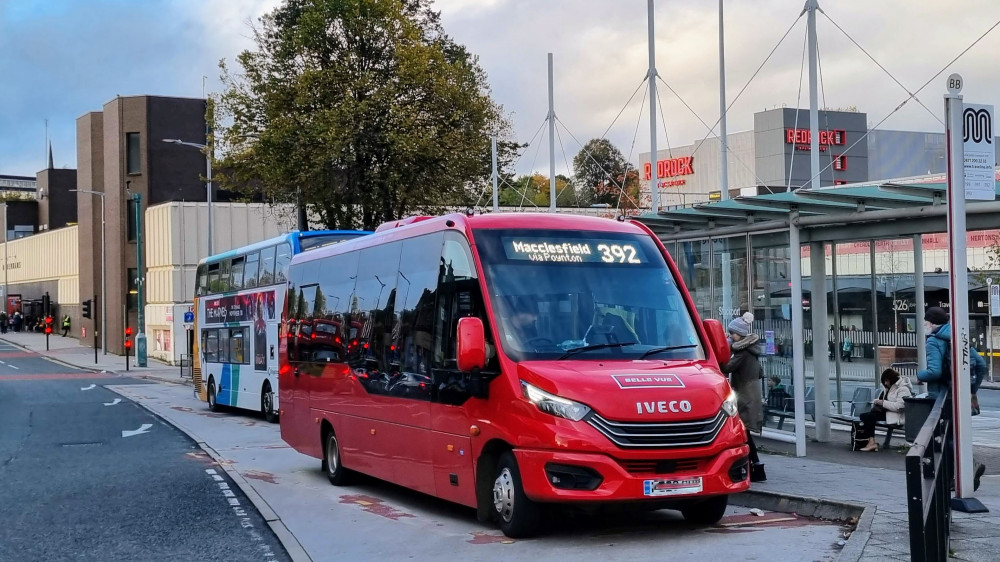 A Macclesfield-bound Belle Vue bus in Stockport. (Image - William Connolly / @WC2512)