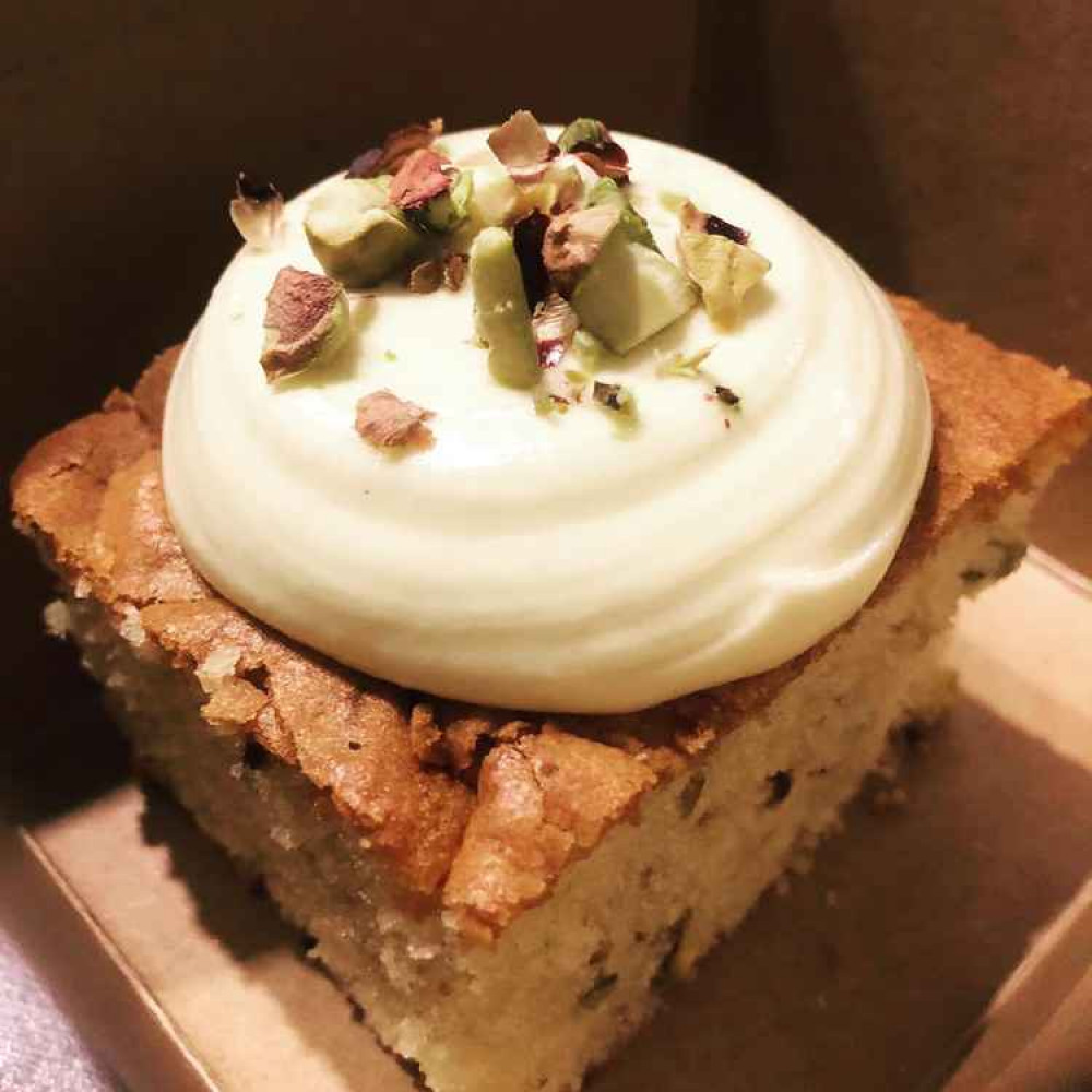 Big Belly Bakery's white chocolate and pistachio cake