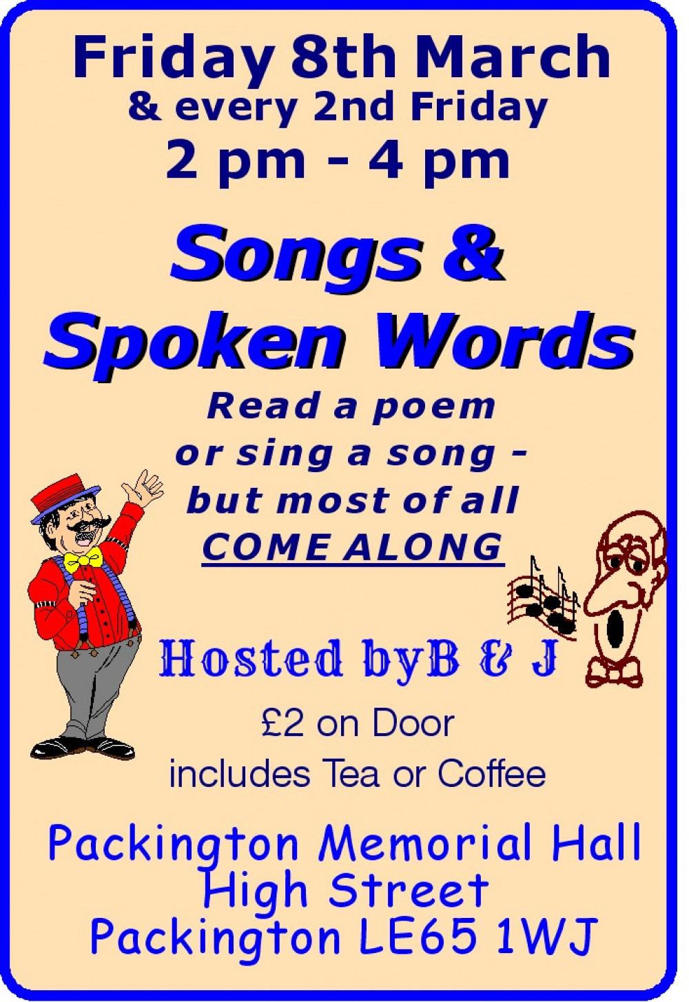 Spoken Word and Music at Packington Memorial Hall, High Street, near Ashby de la Zouch