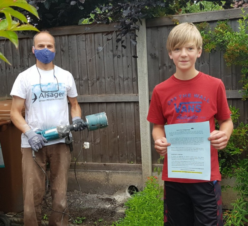 The group's lead, Antony Cook, with the drill alongside Alsager hedgehog champion William Beddow. (Photo: Alsager Urban Wildlife Initiative)