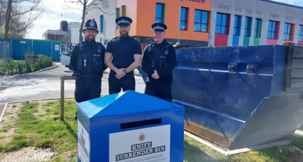 Knife surrender bins have been installed across Avon & Somerset, this in Knowle in Bristol, image police file April 2023 Knife surrender bins have been installed across Avon & Somerset, this in Knowle in Bristol, image police file April 2023
