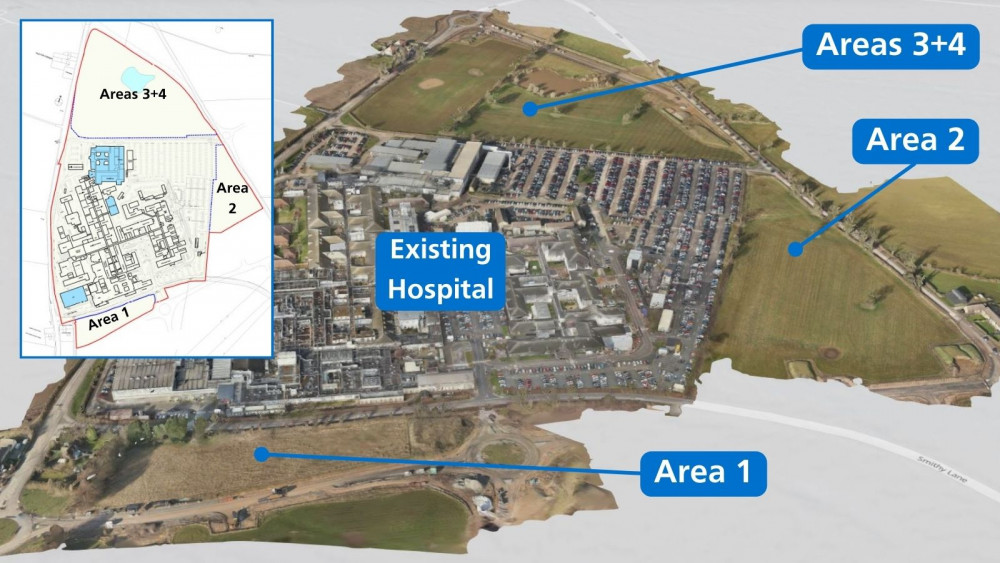 The areas of land, which surround Leighton Hospital will become part of the new Leighton site. You can see these marked as areas one, two, three and four on this map (MCHT).