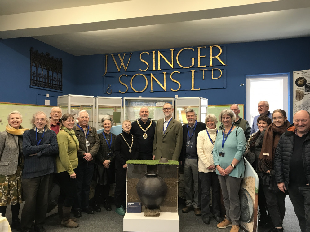 The Mayor and Mayoress of Frome, Dave Crisp, Anne Shepherd and museum volunteers at Frome Museum's re-opening on 12 March