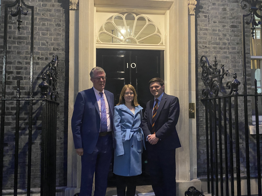 Local farmers Bill Mellor (left) and his daughter Hannah were invited to attend a reception at Downing Street alongside DEFRA ministers and Paul Athans (right), Conservative parliamentary candidate for Hazel Grove (Image - Paul Athans)