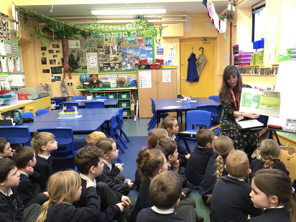 Rebecca Gryspeerdt and pupils at West Pennard Primary School