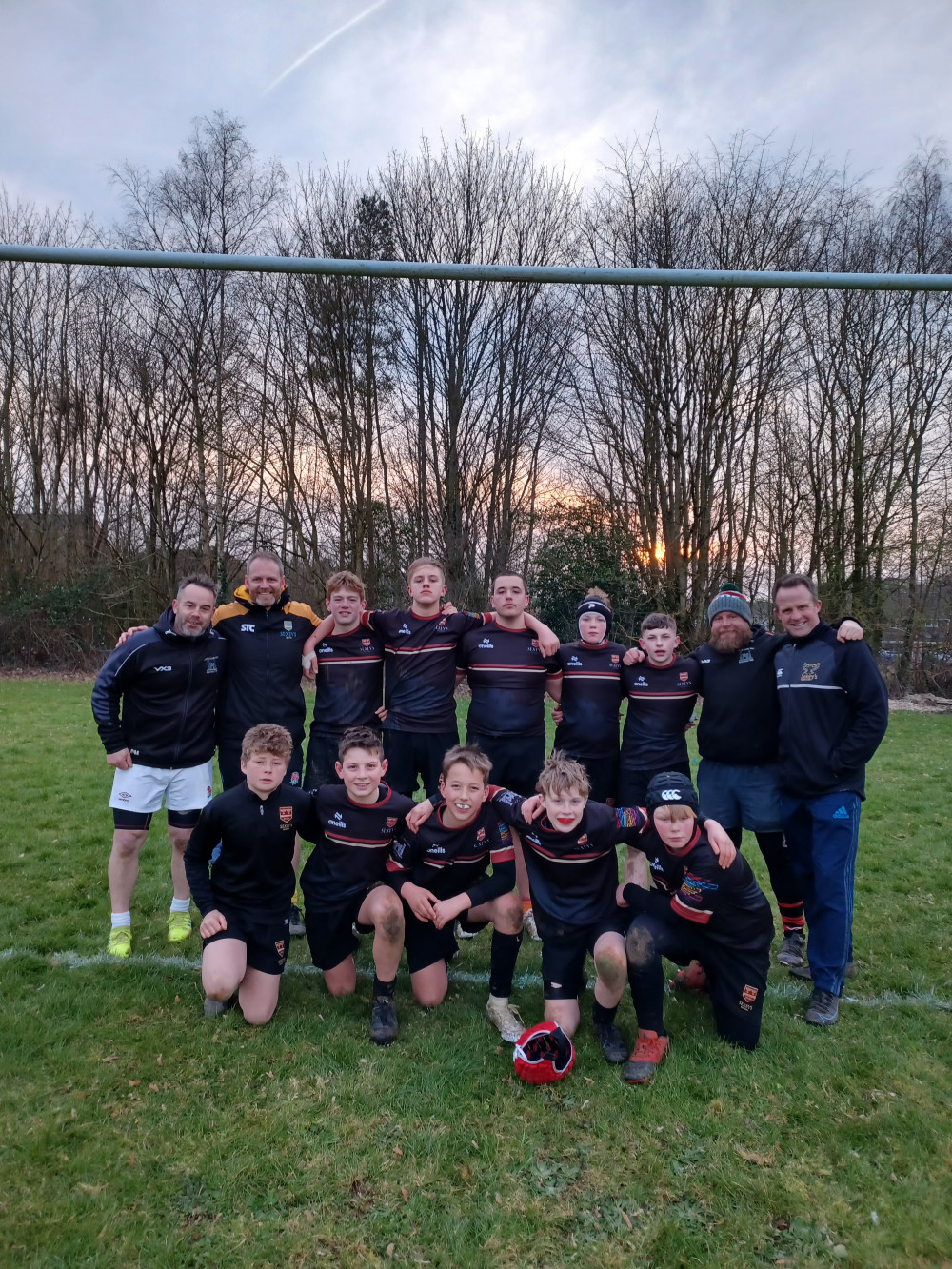 Year 8 Rugby Team group photo with coaches - Back row: Mr McLennan (Castle Cary RFC), Mr Moise (Sexey’s School), Jake F, Billy B, Arnie H, Jon D, Jenson C, Mr Barnett (Castle Cary RFC), Mr Glover (Sexey’s School), Front row: Sam S, Harry B, George K, Hunter M, George D