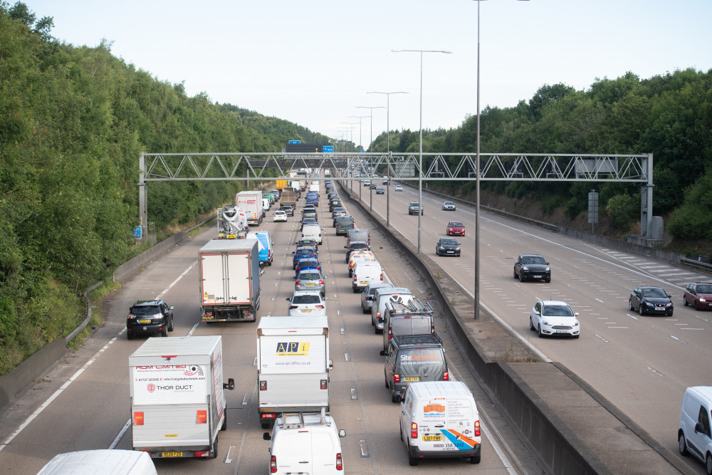 There were queues on the M40 in Warwickshire this afternoon (image via SWNS)