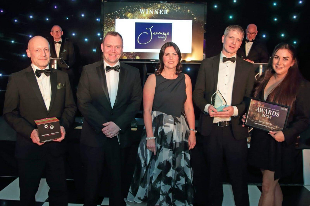 Left to Right: Jenny’s Blinds staff members David Cole, Steven Forrest (the owner),  Jane Bibbey from Eze Talk - who presented us the award, James Pearson and Becky Jamieson.