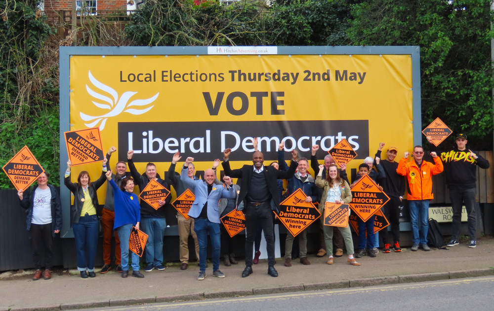 The Liberal Democrats have launched their local elections campaign for Hitchin and North Herts. PICTURE: Chris Lucas and the Lib Dems in front of their billboard at Hitchin railway station. CREDIT: Lib Dems The Liberal Democrats have launched their local elections campaign for Hitchin and North Herts. PICTURE: Chris Lucas and the Lib Dems in front of their billboard at Hitchin railway station. CREDIT: Lib Dems