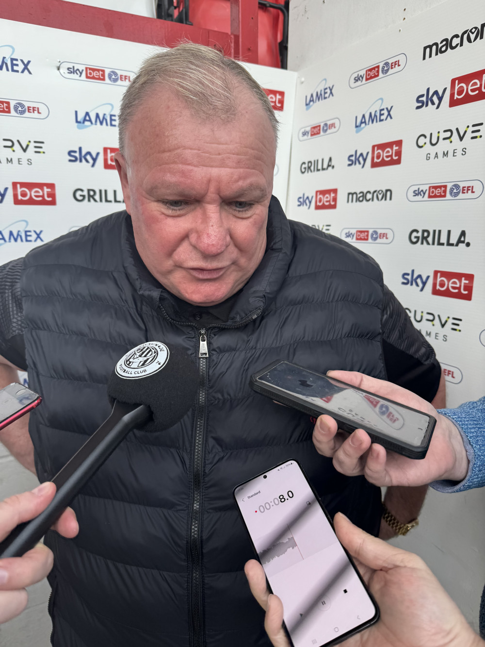 Stevenage boss Steve Evans has left the club. PICTURE: Steve Evans speaking after Burton Albion beat his team to end their League One Play-off hopes. CREDIT: @laythy29 