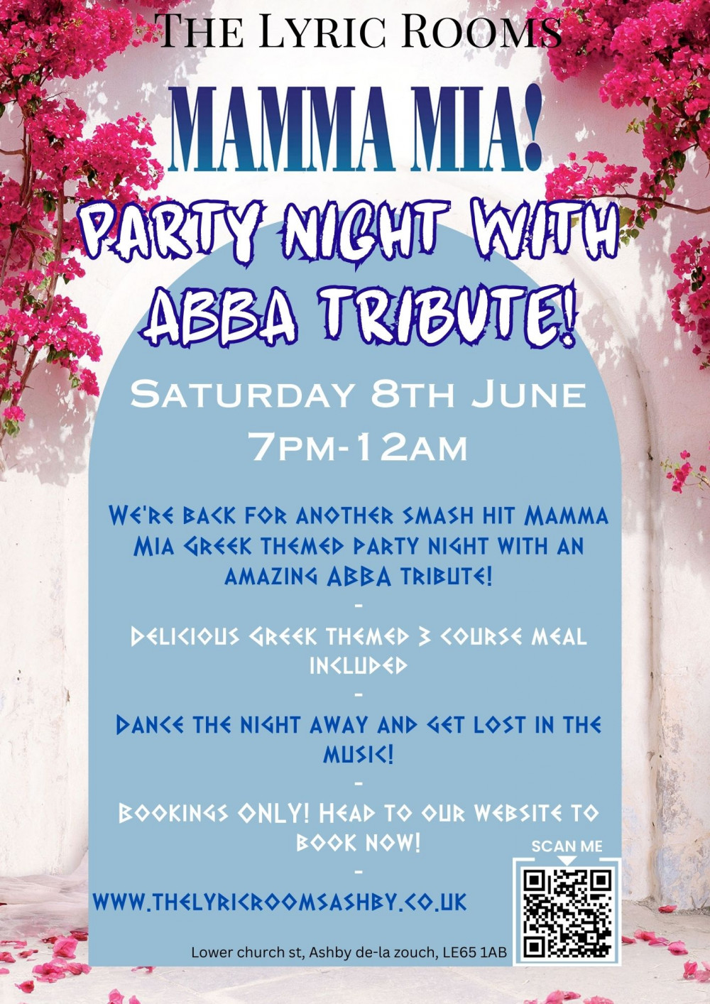 ‘Mamma Mia’ Greek Themed Party Night - Including a 3 Course Greek Themed Meal at The Lyric Rooms, Ashby de la Zouch