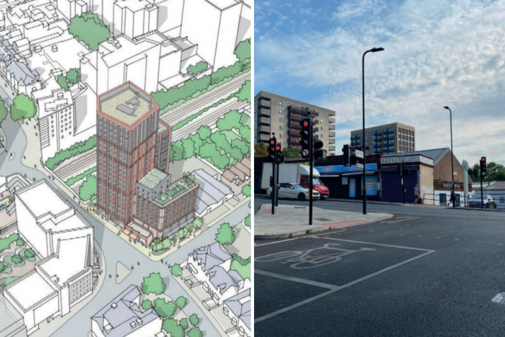 An artist impression (left) of what the proposed student accommodation block in West Ealing could look like (credit: Planning application).