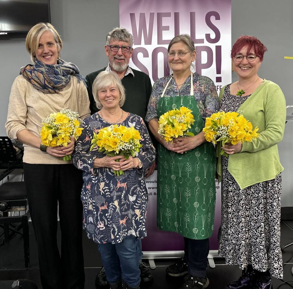 SOUP! compere Paddy O’Hagan with, from left to right, Tamsin Smith, Sue Marland, Kim Robinson and Kate Lynch