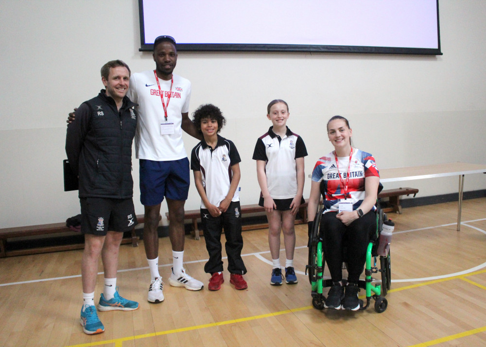 Head of Games, Rich Stedeford, British Long Jump Champion, Reynold Banigo, Sports Captains Isaac Fox and Elsie Ascroft, Paralympic Gold Medal Swimmer, Tully Kearney (image supplied)