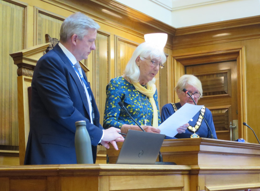 Chief executive Matt Prosser with new council chair Cllr Stella Jones and outgoing chair Val Pothecary.