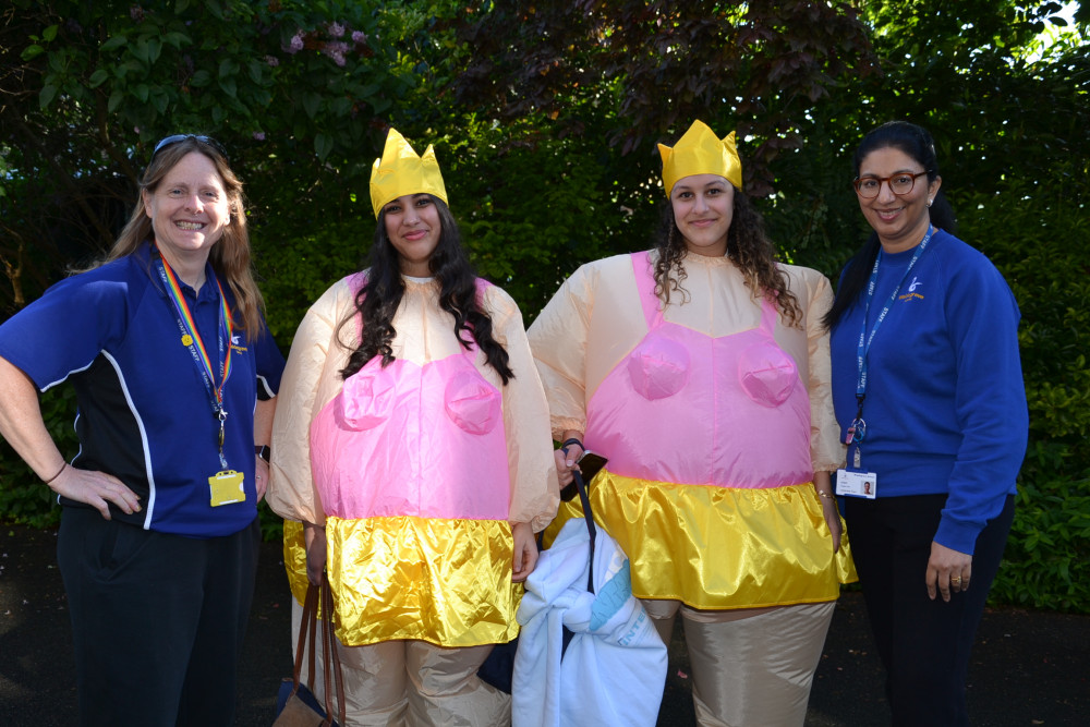 Sumo ballerinas with Head of Year 11, Mrs J Bashford-Hynes and Assistant Headteacher, Director of KS4, Mrs A Dhir. (Photo: Waldegrave School)