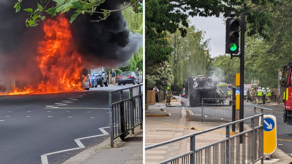 The bus during and after the fire. (Photo: twitwardio/Twitter)