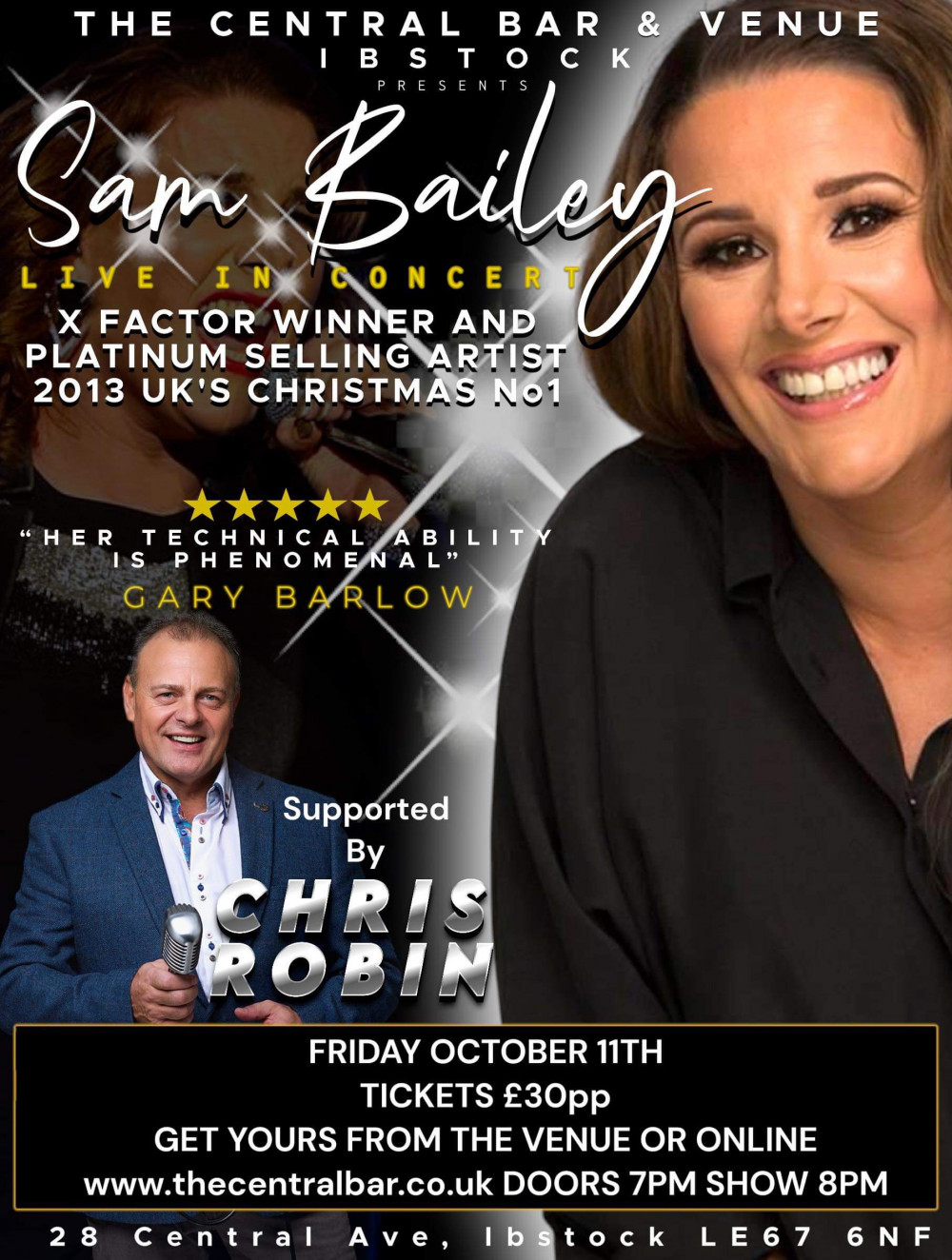 Sam Bailey Live In Concert at The Central Bar & Venue, Ibstock, near Coalville