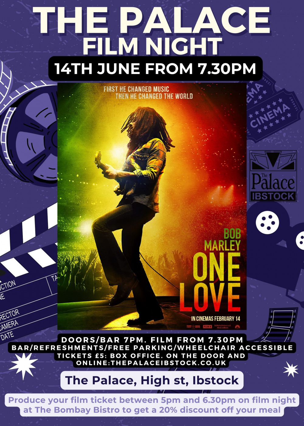 Film Night at The Palace, Bob Marley, One Love at The Palace Community Centre, Ibstock, near Coalville