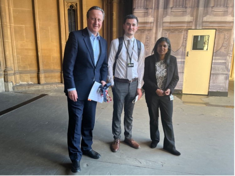 (From left to right) Lord David Cameron, Billy Vaughan and Rupa Huq MP for Ealing Central & Acton outside Parliament (credit: Image supplied).