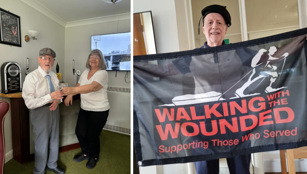 Residents at Cawood House have been raising money for veterans by clocking up the steps. Pictured on the left is 93-year-old resident and veteran Bernard with his daughter-in-law Gail. On the right is 84-year-old Lawrence, also a veteran (Images - Cawood House)