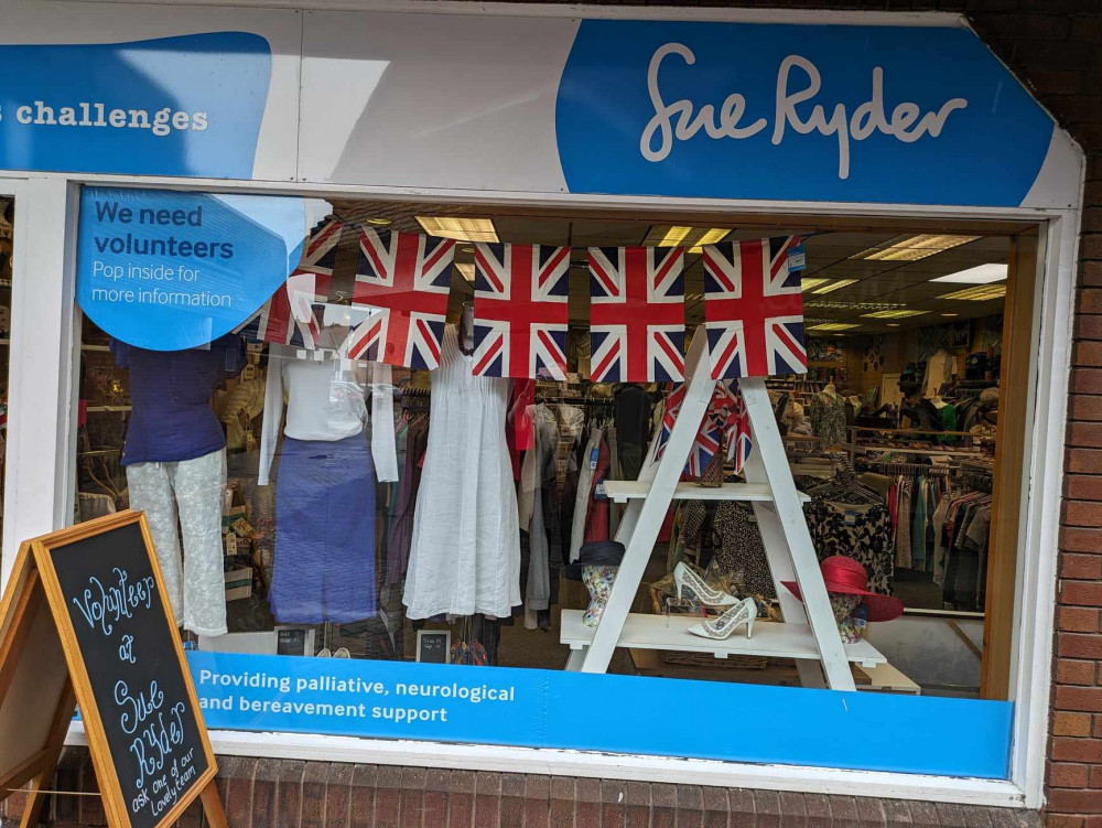 Red, white and blue -Sue Ryder in Sandbach flying the flag for D-Day commemorations. (Photo: Nub News)  