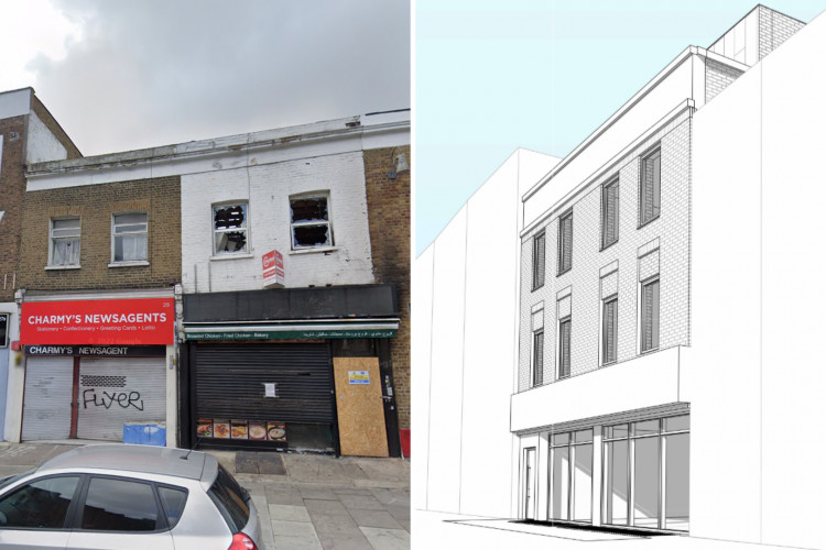 The existing buildings at numbers 29 and 31 on High Street, Acton, along with the proposed building (credits: Google Maps & Planning application).