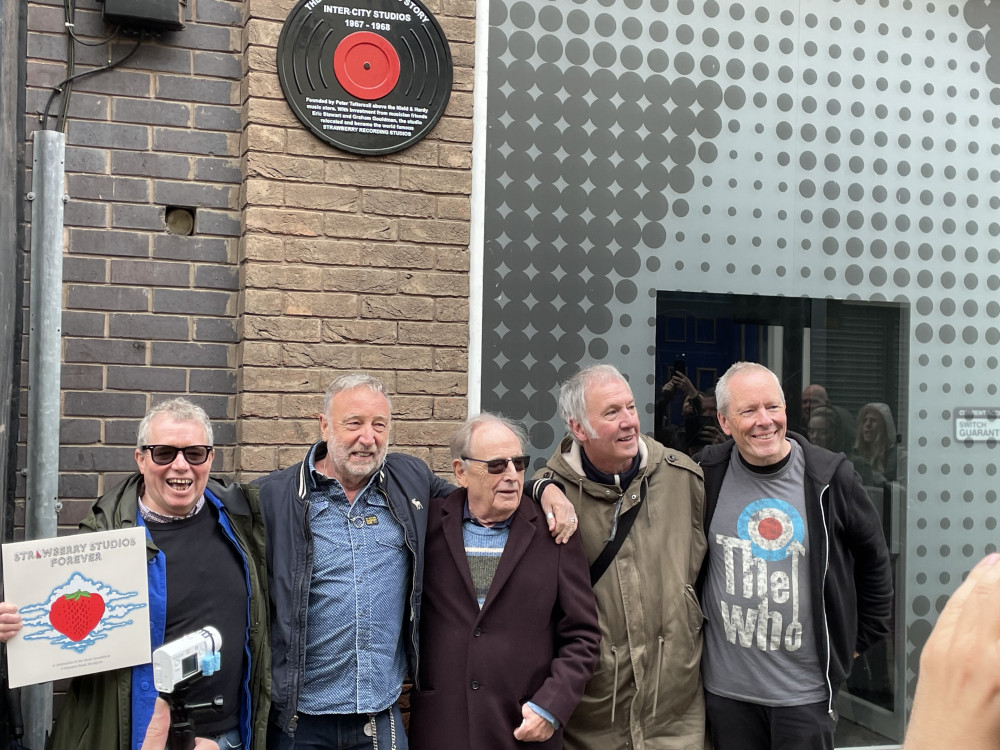 The plaque was unveiled as part of a walking tour on Sunday 9 June. Pictured left to right: John Barratt, walk leader / Stockport Music Story | Peter Hook | Peter Tattersall, Inter-City Studios and Strawberry Studios founder | Clint Boon | Dr Peter Wadsworth, music historian (Image - Alasdair Perry) 