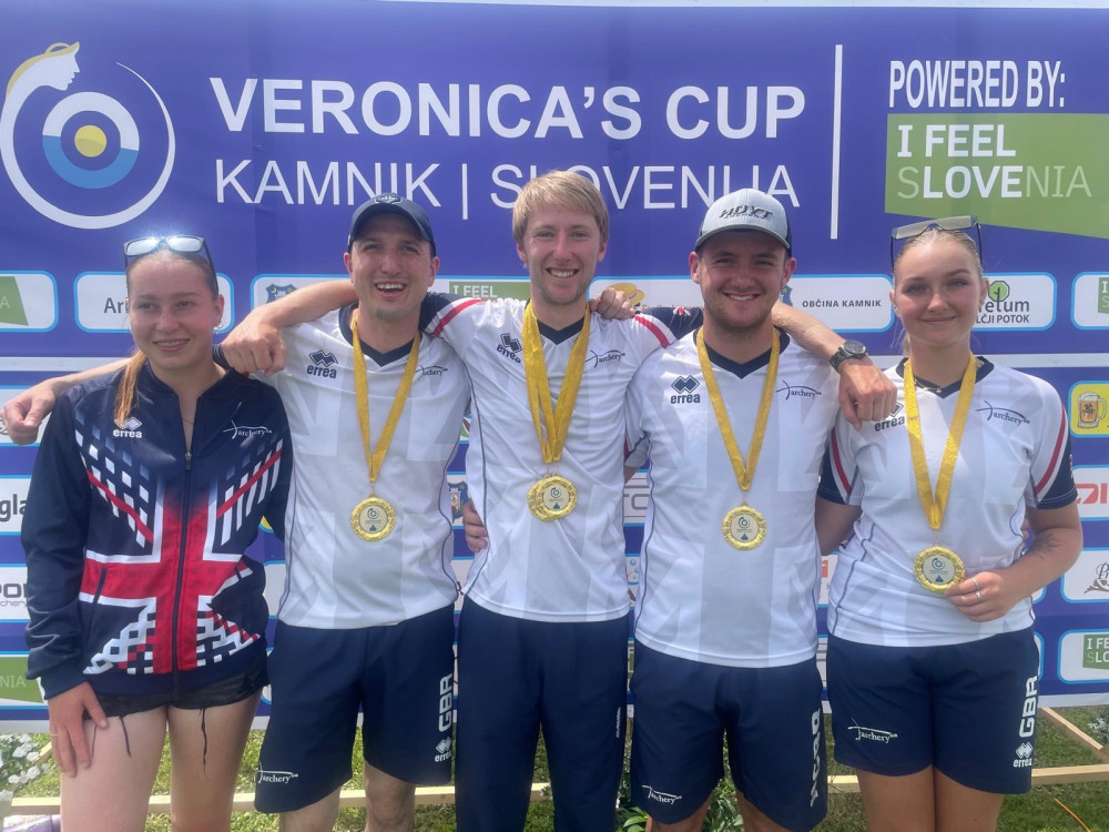 The five British archers came away with one individual silver and two team gold medals (Images via Archery GB