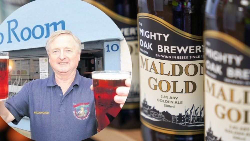 The Mighty Oak Brewery owner John Boyce, alongside his popular high-street taproom [left]. One of the brewery's specials, Maldon Gold [right]. 