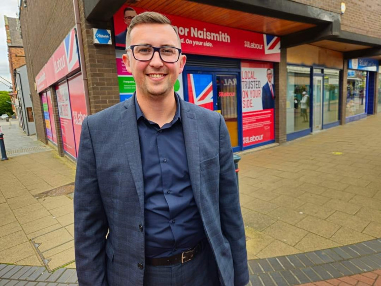 Crewe and Nantwich Labour Party candidate, Connor Naismith, outside the new Crewe town centre office (Nub News).