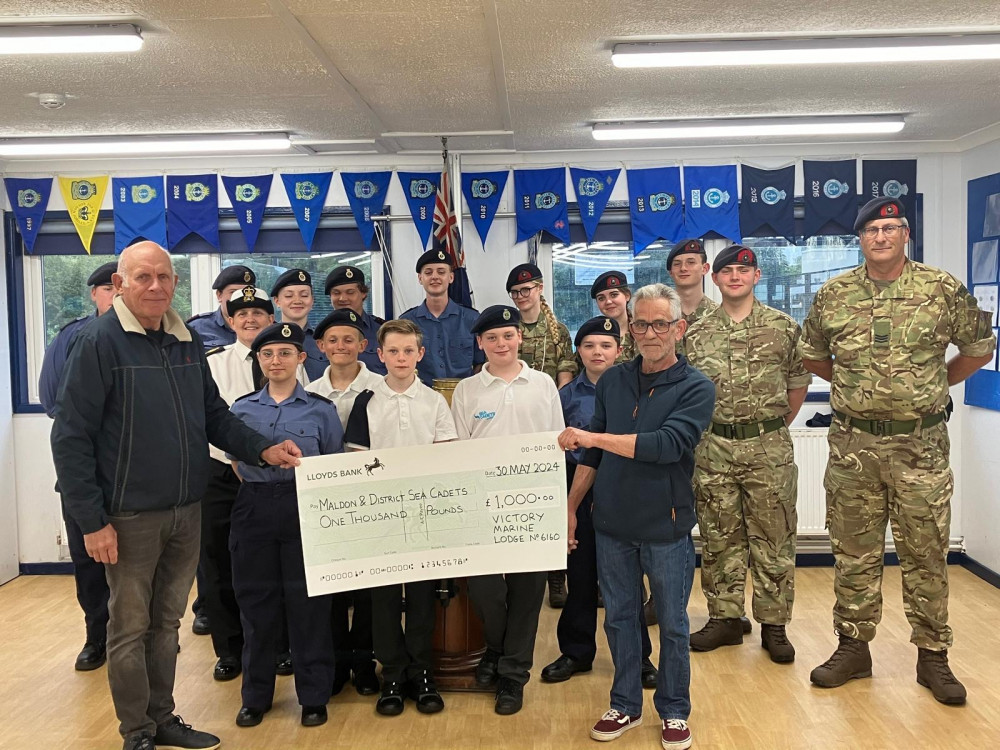 Freemasons' Jamie Knights and Dave Collins, alongside the Maldon and District Sea Cadets. (Photo: Essex Freemasons)