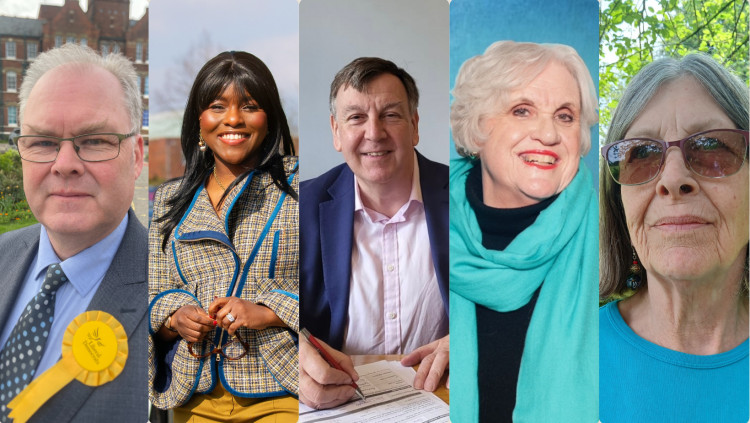 Maldon's candidates for the General Election. From the left: Simon Burwood for the Lib Dems, Onike Gollo for Labour, John Whittingdale for the Tory's, Pamela Walford for Reform, and Isobel Doubleday for the Greens.