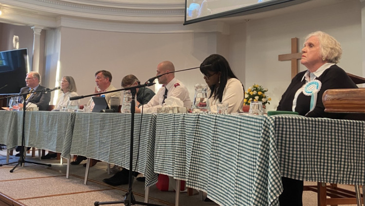 From the left: Simon Burwood for the Liberal Democrats, Isobel Doubleday for the Green Party, John Whittingdale for the Conservatives, Onike Gollo for the Labour Party, and Pamela Walford for Reform UK. (Photo: Chloe Brewster)