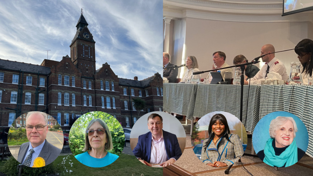 Voters are desperate to hear about what will be done about proposals to close Maldon's community hospital. (Credit: [Inset] Chloe Brewster, [Profile Images from left to right] Simon Burwood, Isobel Doubleday, John Whittingdale, Onike Gollo and Pamela Walford).