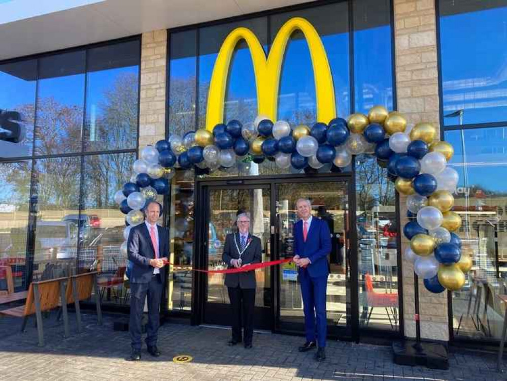 McDonald's Franchisee Glyn Pashley (Right), Mayor of Oakham, CLLR David Romney (centre) and Operations Consultant Martin Thorpe (left)