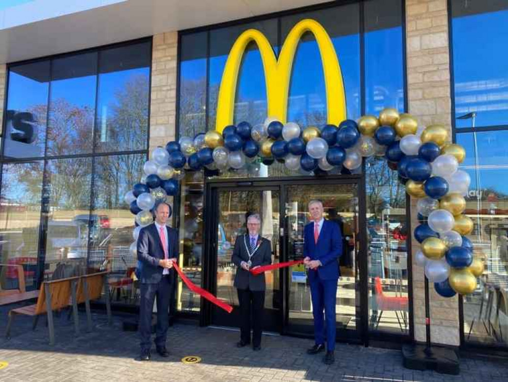 McDonald's Franchisee Glyn Pashley (Right), Mayor of Oakham, CLLR David Romney (centre) and Operations Consultant Martin Thorpe (left)