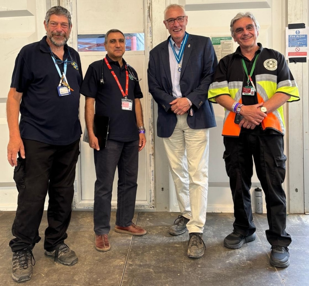 2.	Left to right, FMS Chair Nich Woolf, FMS Dr Baha Ali, Somerset High Sheriff Rob Beckley, FMS CEO Dr Chris Howes at the Glastonbury Medical Centre.  