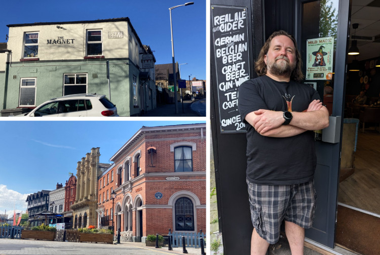 Washington State resident Justin Smith travelled 5,000 miles to take part in the Stockport Mild Magic ale trail (Images - left: Alasdair Perry / right: CAMRA)