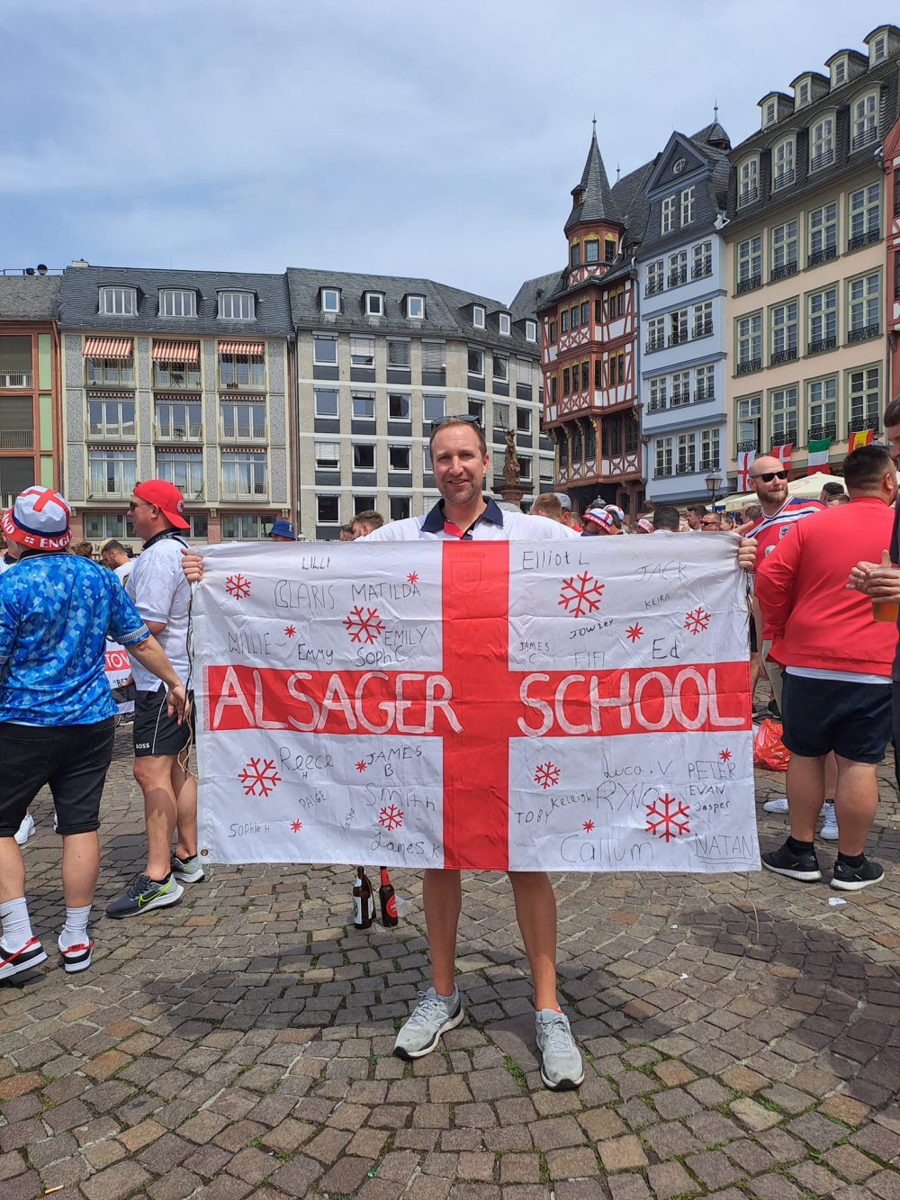 This Alsager School football flag went missing at the England v Switerland game. (Photo: Paul Buttery) 