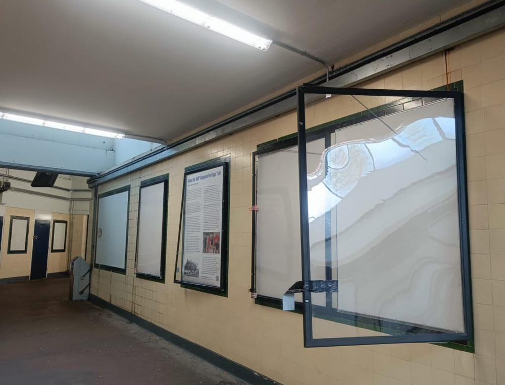 Ten frames in Tolworth station have been pulled open and the artwork inside them destroyed by unknown vandals over the weekend. (Photo: The Community Brain)