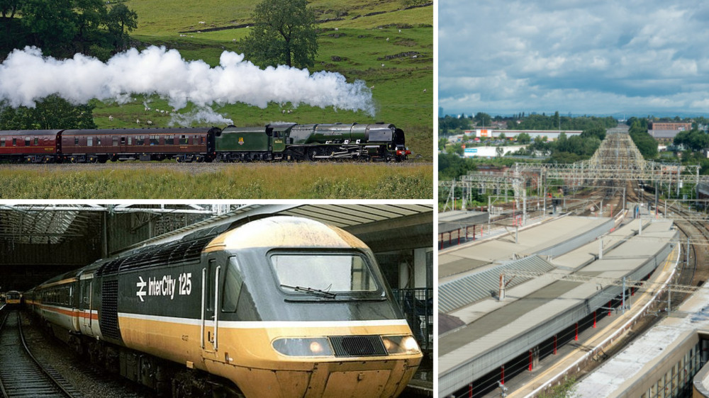 Two historic trains will call at Stockport station on Saturday 24 August within a few minutes of one another - a retro Intercity 125 and a historic steam locomotive (Images clockwise from top left: ARG Flickr Wiki Commons / Stockport Council / Dave Hitchborne Wiki Commons)