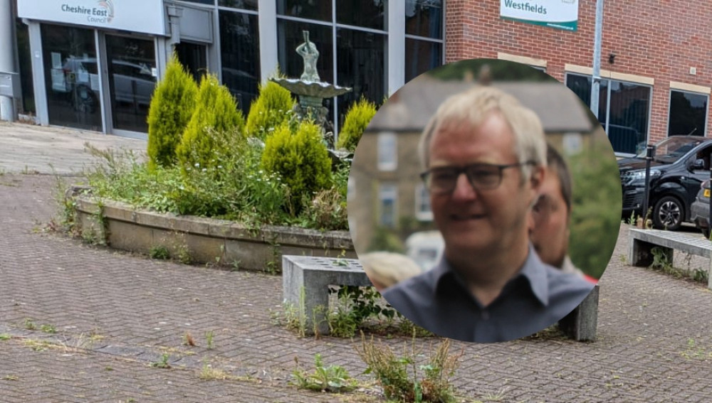 Inset, Cllr Sam Corcoran pictured at a recent Labour event in Bollington. Background, Cheshire East Council HQ, Westfields. (Image - Nub News) 