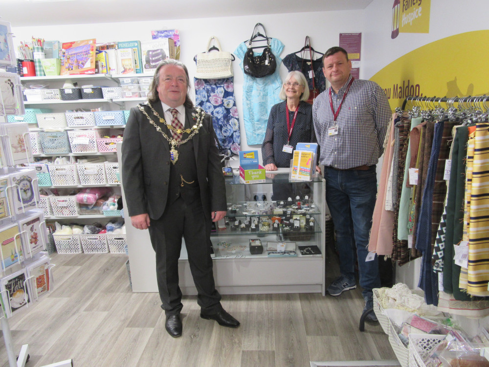 Cllr Andrew Lay, Kathy Thomas and Gary Jarman in the Farleigh Hospice Charity Shop, Maldon High Street. (Photo: FH)