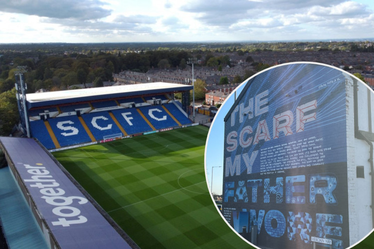 A new Stockport County mural is to be painted in the family zone at Edgeley Park, behind the Together Stand (Images - main: SCFC / mural: Alasdair Perry, designed by Oskar, poetry by Ruth Awolola)